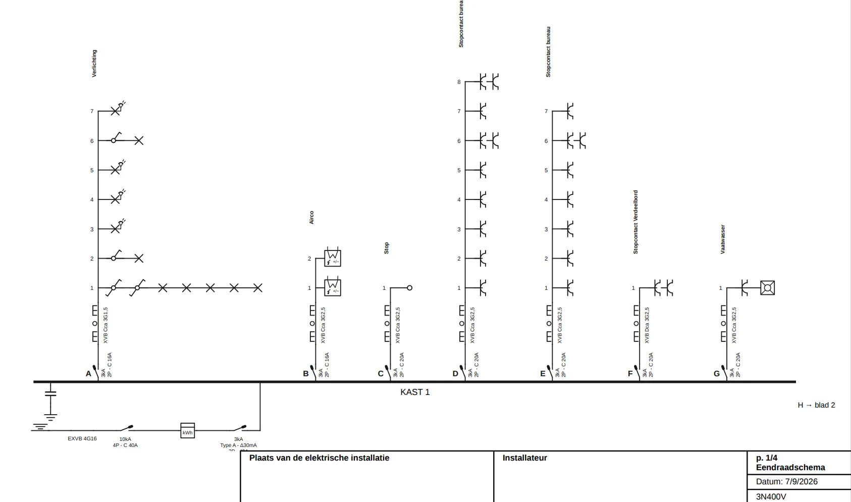 Eendraadschema van een woning, getekend in Sparki