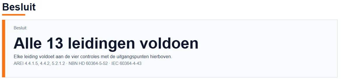 Besluit uit de nota: alle 13 leidingen voldoen aan de vier controles, met verwijzing naar AREI 4.4.1.5, 4.4.2, 5.2.1.2, NBN HD 60364-5-52 en IEC 60364-4-43