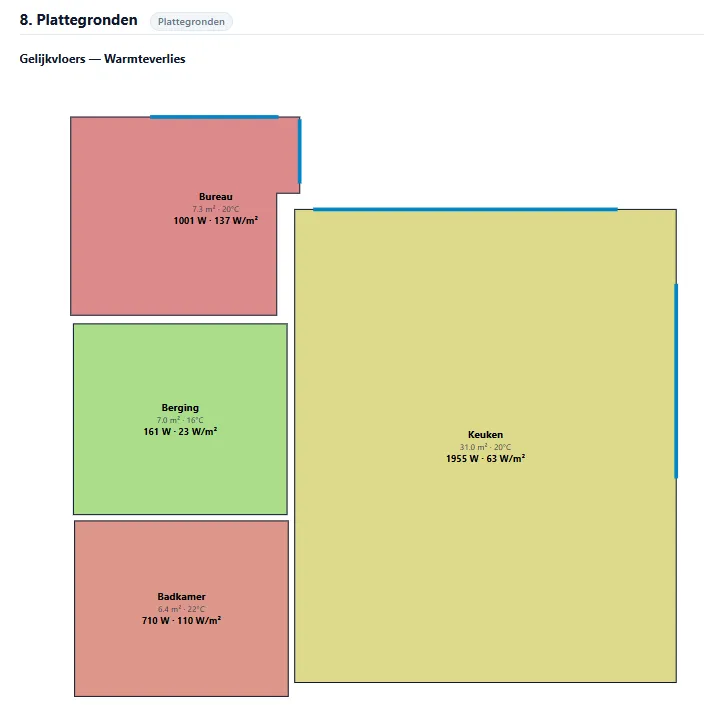 Plattegrond met de ruimtes per verdieping