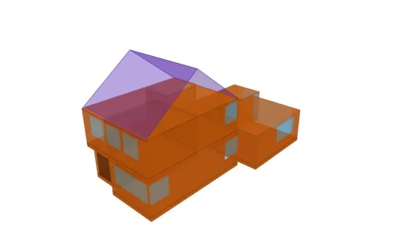 3D-model uit het Effiheat-voorbeeldrapport, met de bouwdelen en ruimtes van een woning in kleur
